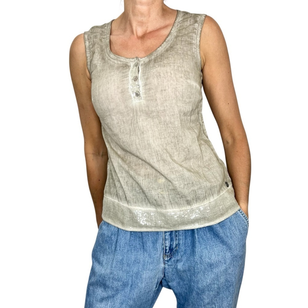 Manguun Germany 100% cotton lightweight beige tan sequin sleeveless tank top